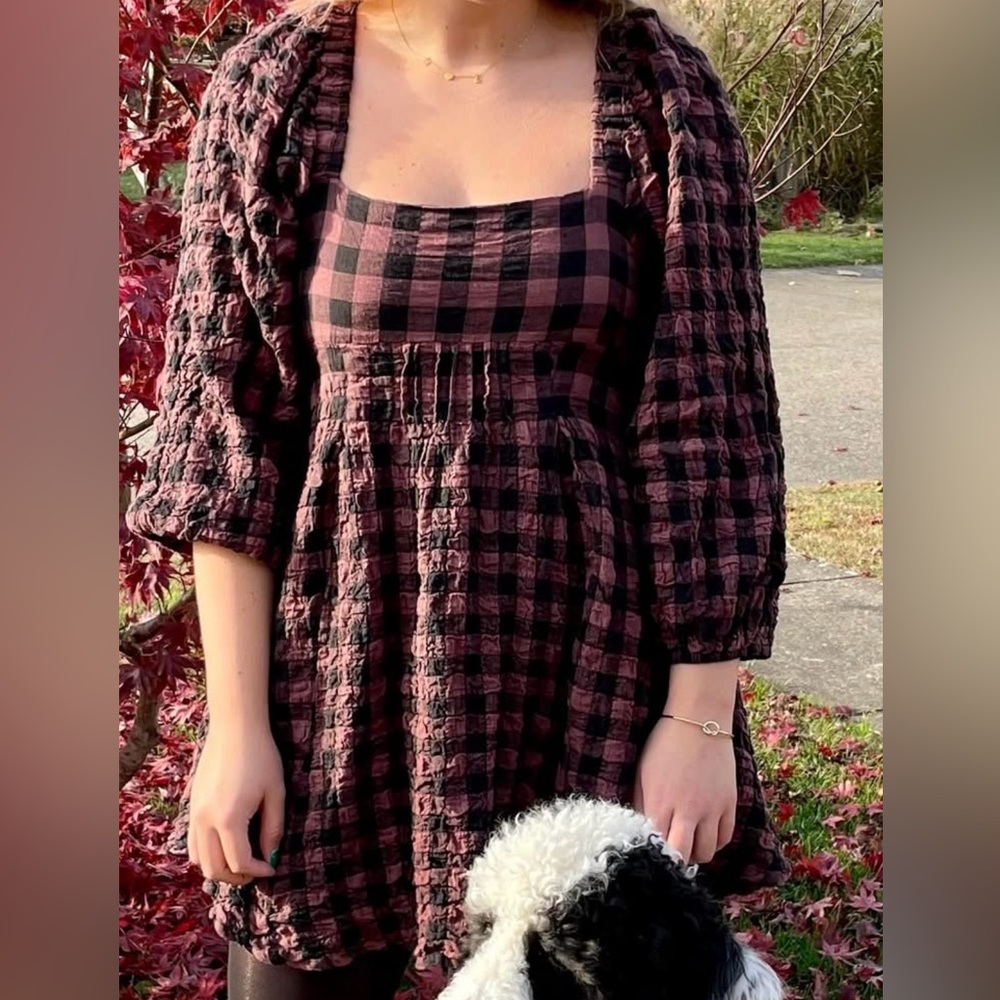 Urban Outfitters Black and Pink Checkered Long Sleeve Dress
